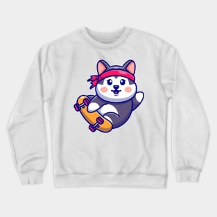 Cute husky play skateboard cartoon Crewneck Sweatshirt